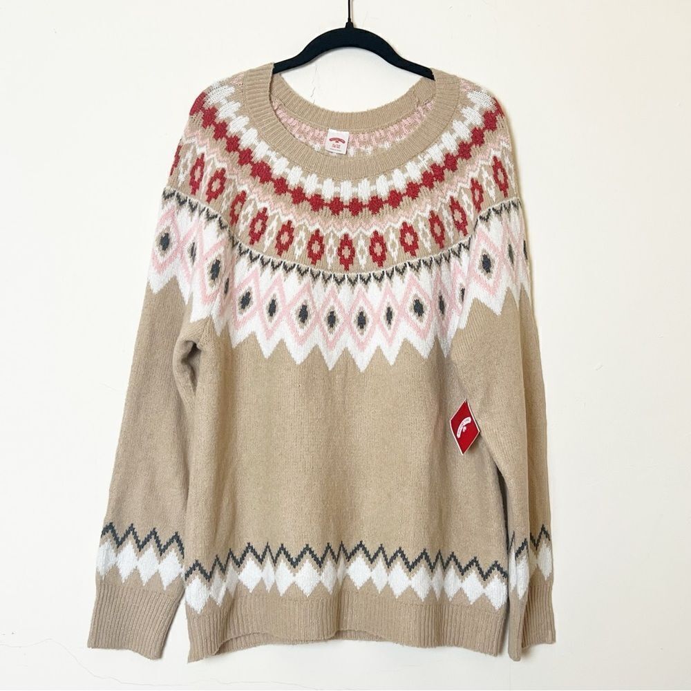 Holiday Time Ugly Pretty Fair Isle Christmas Winter Sweater, XL Tan/Pink NWT